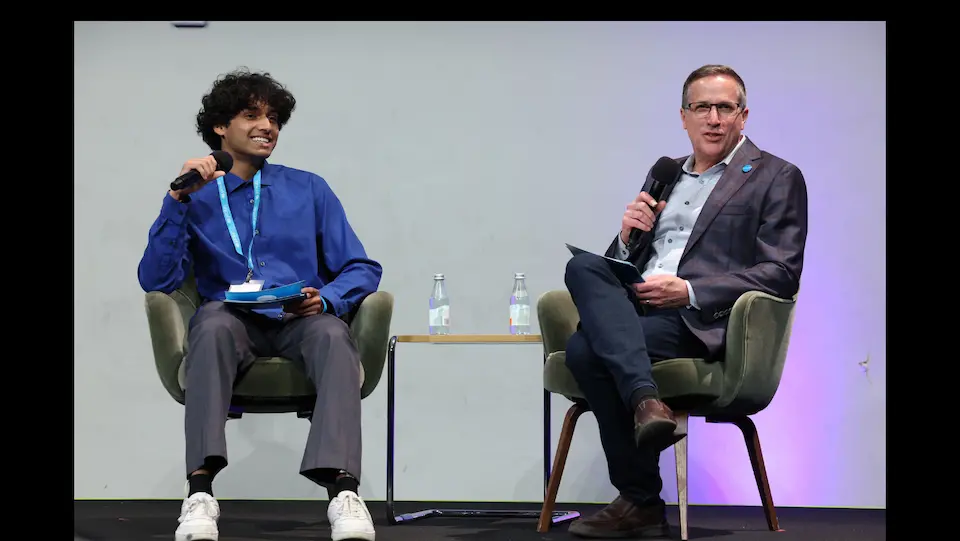  UNICEF USA National Youth Council member Aryan, left, and UNICEF USA President and CEO Michael Nyenhuis spoke on a panel at the UNICEF USA Joint Boards Meeting at Neue House in Hollywood, CA, on April 28, 2023.