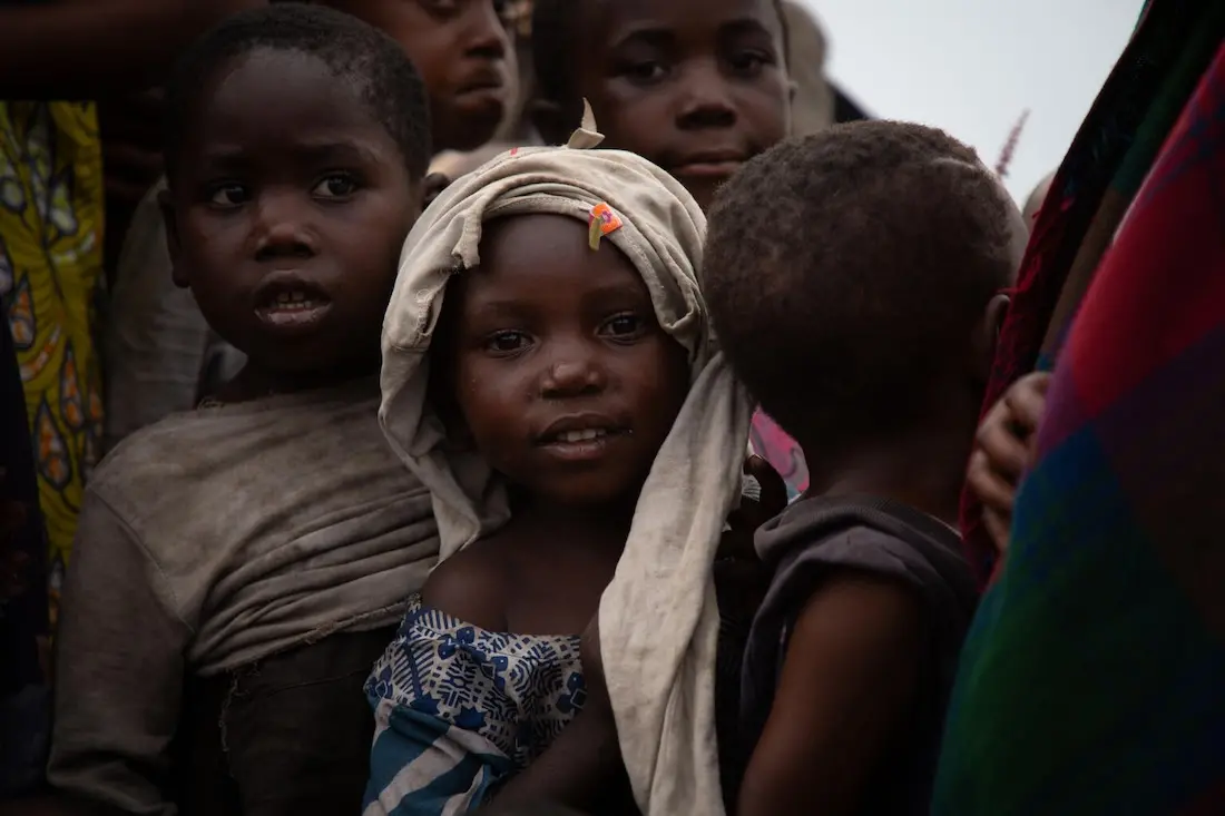 On June 1, 2024, children gather at the Bulengo site for internally displaced people in Goma, eastern Democratic Republic of the Congo.