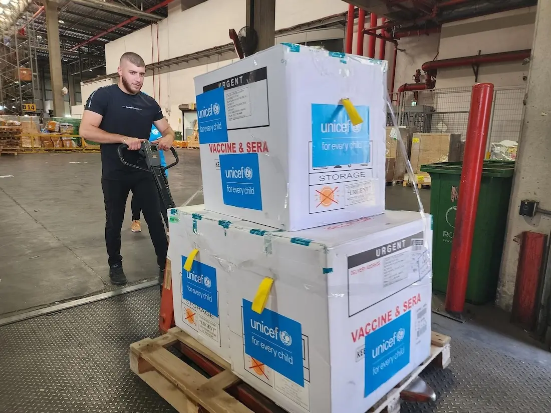 Polio type 2 (nOPV) vaccines and vaccine cold storage equipment in Tel Aviv 's Ben Gurion airport on Aug. 26, 2024, before their transport to the Gaza Strip.