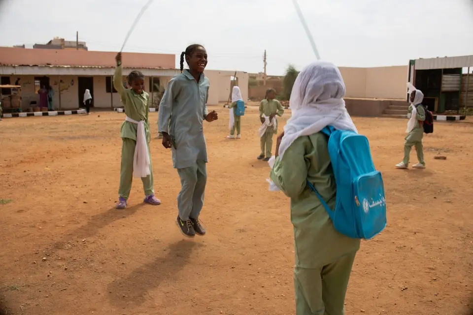 On Oct. 16, 2025, children play during a break at Eltom and El Shohada schools in Khartoum state, Sudan.