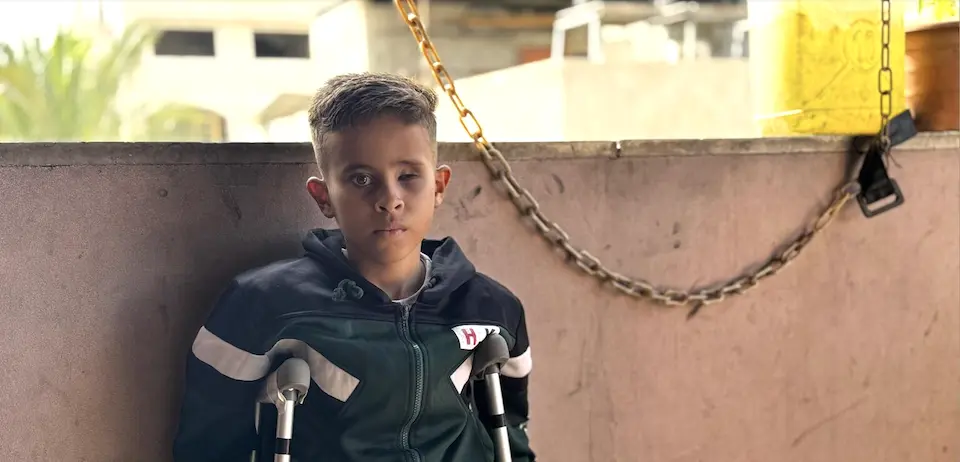 Amir, 11, was hit by an air strike in Gaza City on Sept. 30, 2025. suffered severe injuries to his leg, internal injuries and lost his left eye.