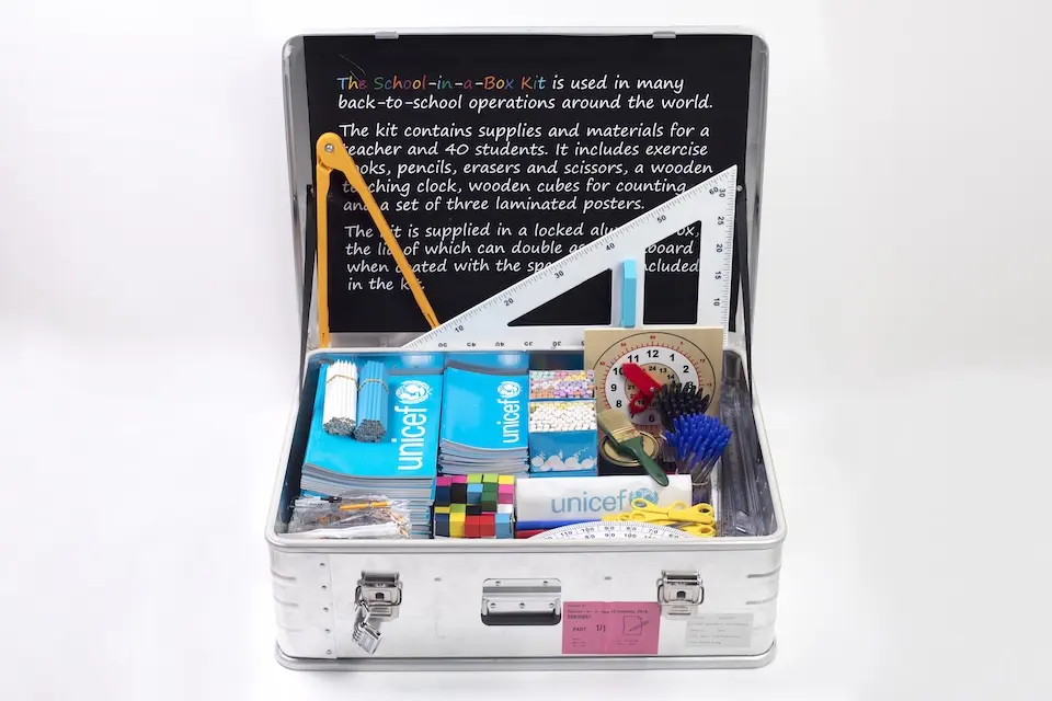 A UNICEF School-in-a-Box kit.