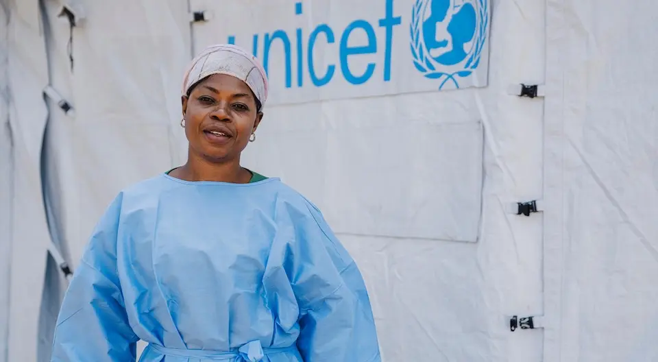 UNICEF-supported psychologist outside an Ebola Treatment Center in Bunia, DR Congo.