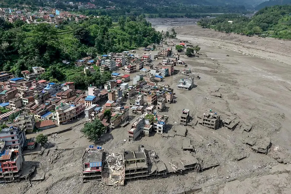 Aerial view of flash flooding damage in Nepal on Aug. 26, 2026.