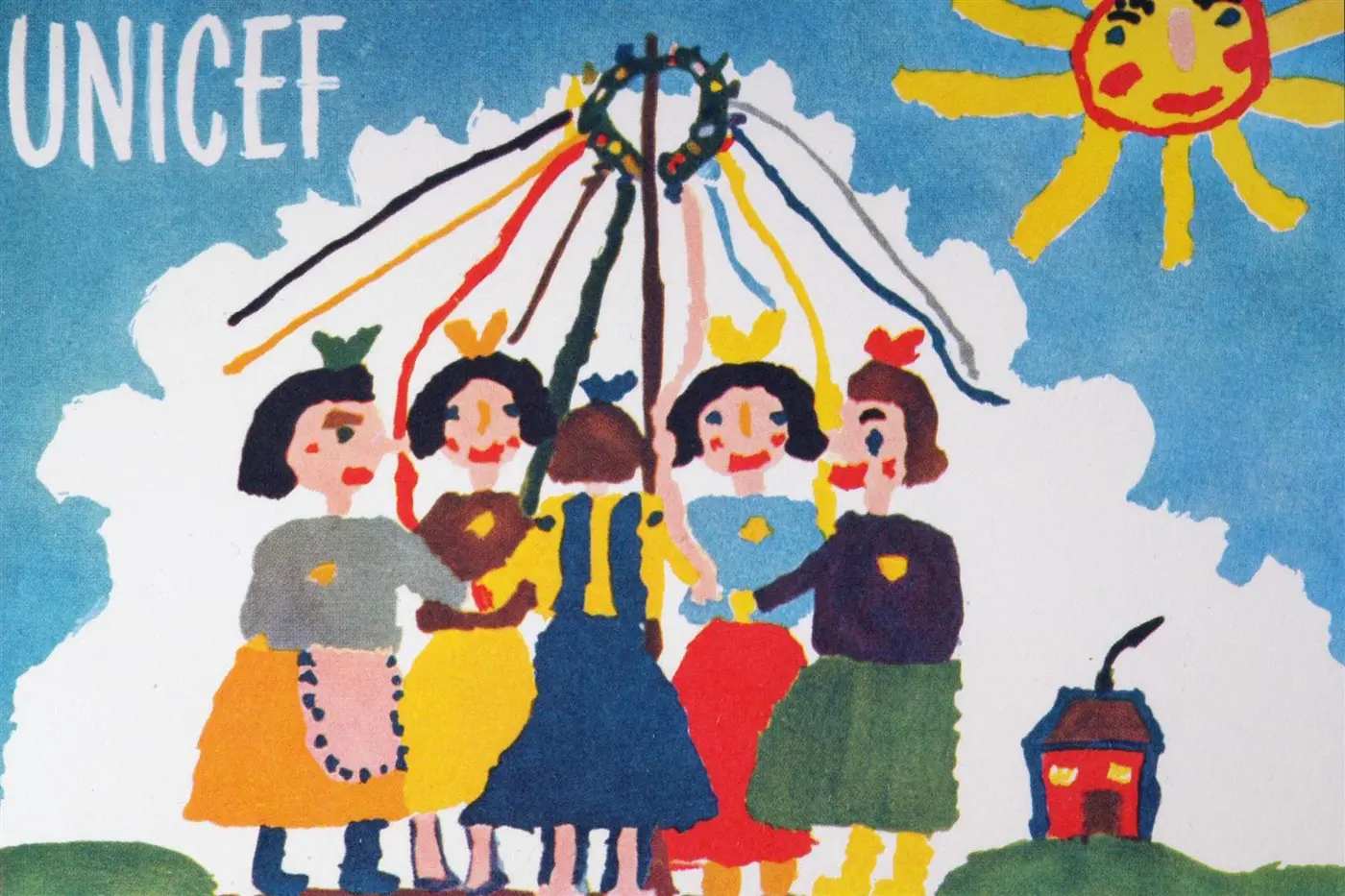 A painting by seven-year-old Jitka Samkova of Czechoslovakia was reproduced on the first UNICEF greeting card.