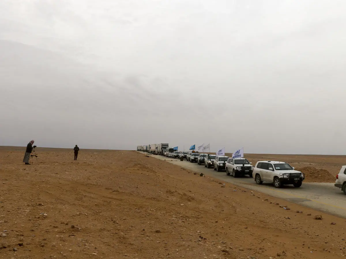 On February 6, 2018, a humanitarian convoy traveling from Damascus neared Rukban makeshift settlement in Syria. On February 6, 2018, a humanitarian convoy traveling from Damascus neared Rukban makeshift settlement in Syria.