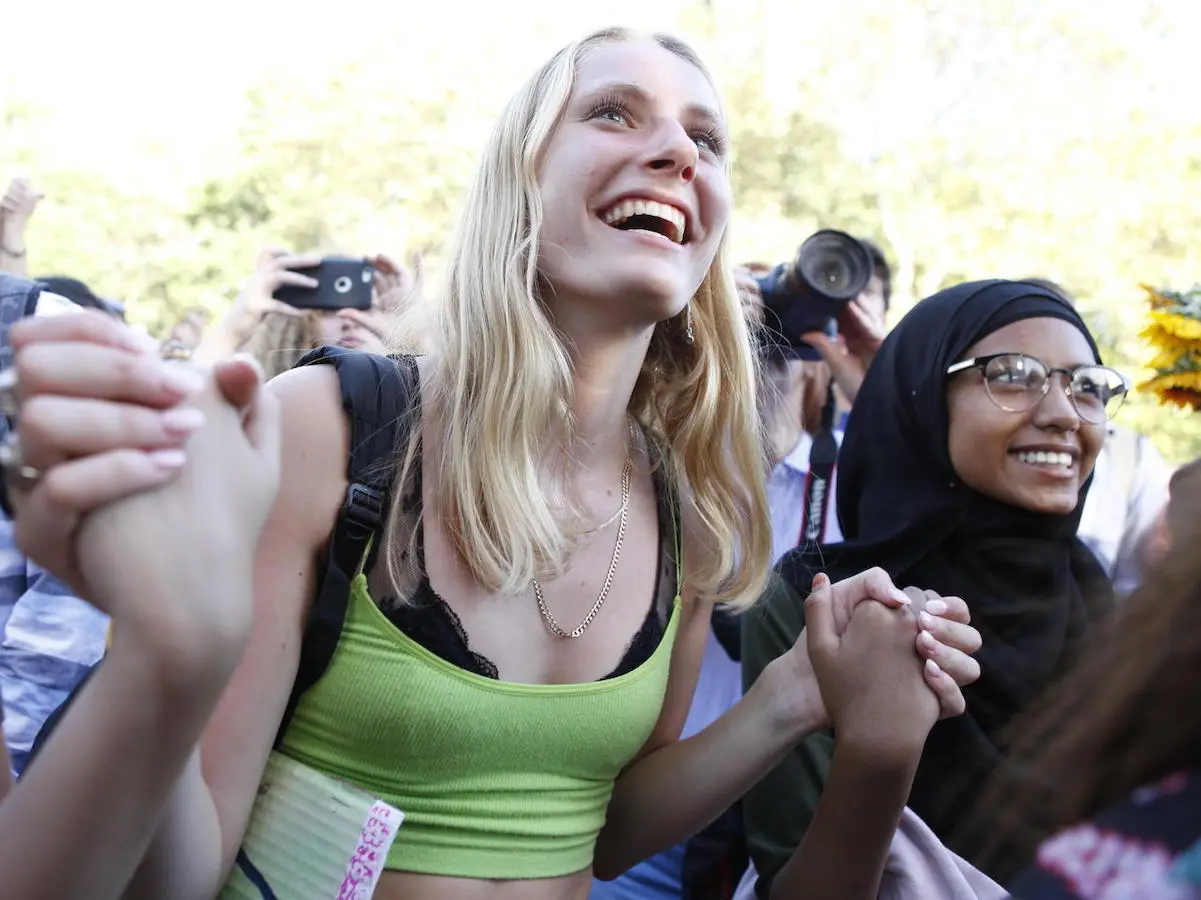 On 20 September 2019 in New York City, youth climate activists join in a demonstration calling for global action to combat climate change. Organizers estimated that 250,000 took to the streets in New York.