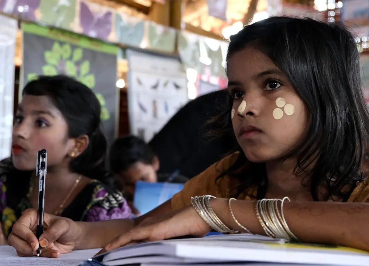 A girls-only session for Rohingya refugee girls in a UNICEF learning center in Cox's Bazar, Bangladesh. 