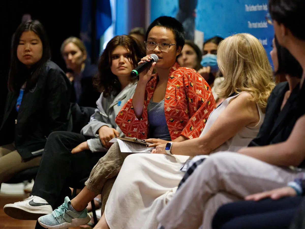 Tran Quynh Giang, a UNICEF Youth Advocate from Vietnam, speaks at a meeting of the Youth Advocates Mobilization Lab at UNICEF House in New York during the 77th Session of the United Nations General Assembly. Tran Quynh Giang, a UNICEF Youth Advocate from Vietnam, speaks at a meeting of the Youth Advocates Mobilization Lab at UNICEF House in New York during the 77th Session of the United Nations General Assembly.