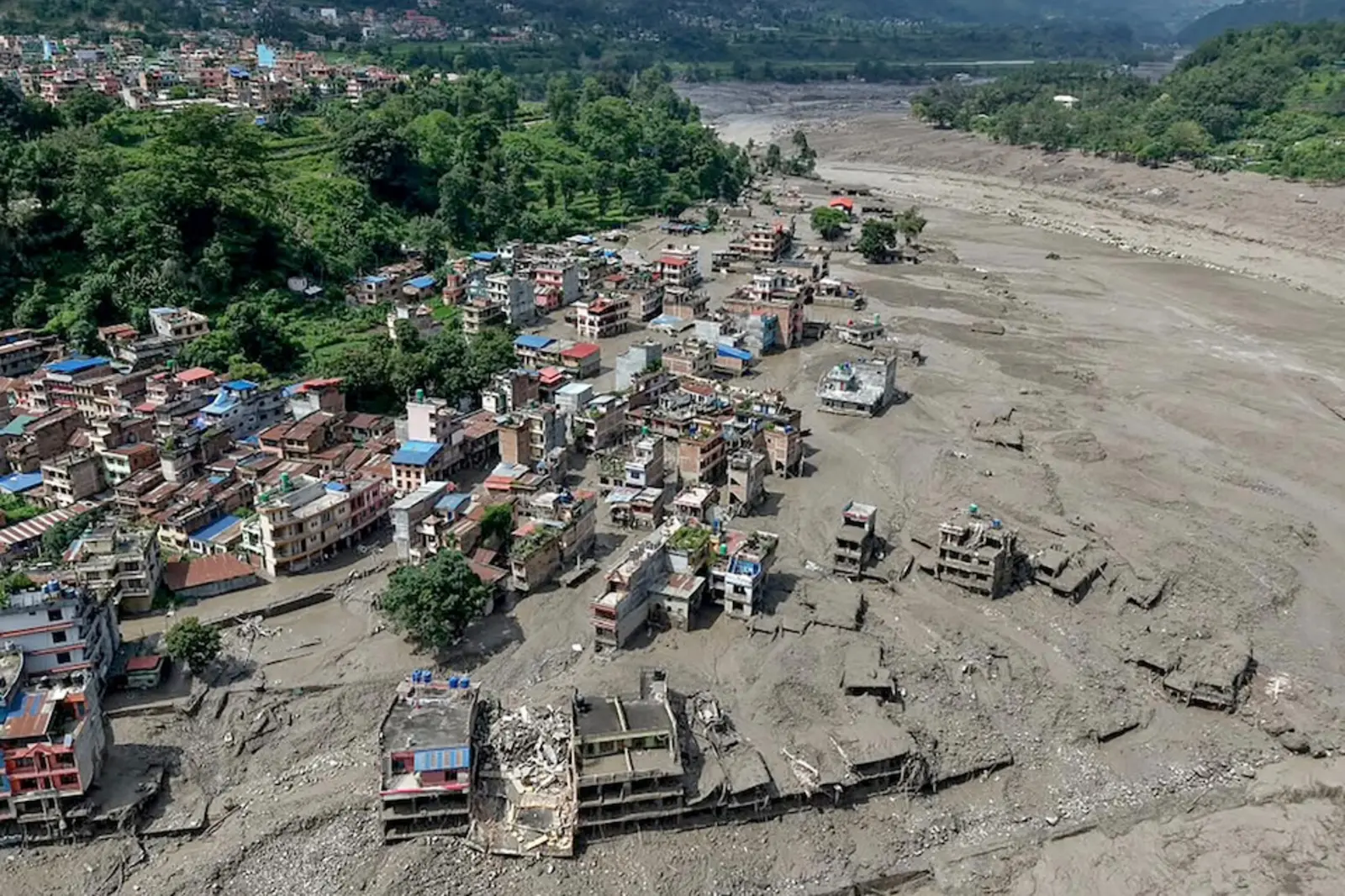 Aerial view of flash flooding damage in Nepal on Aug. 26, 2026.