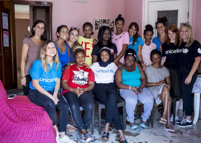 On August 7, 2019, UNICEF Ambassador Halima Aden (in white shirt, center) met with young asylum seekers at a UNICEF-supported reception center in Palermo, Italy. On August 7, 2019, UNICEF Ambassador Halima Aden (in white shirt, center) met with young asylum seekers at a UNICEF-supported reception center in Palermo, Italy.
