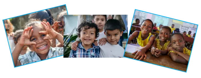 Collage of three photos showing children in different states of play, all smiling at the camera