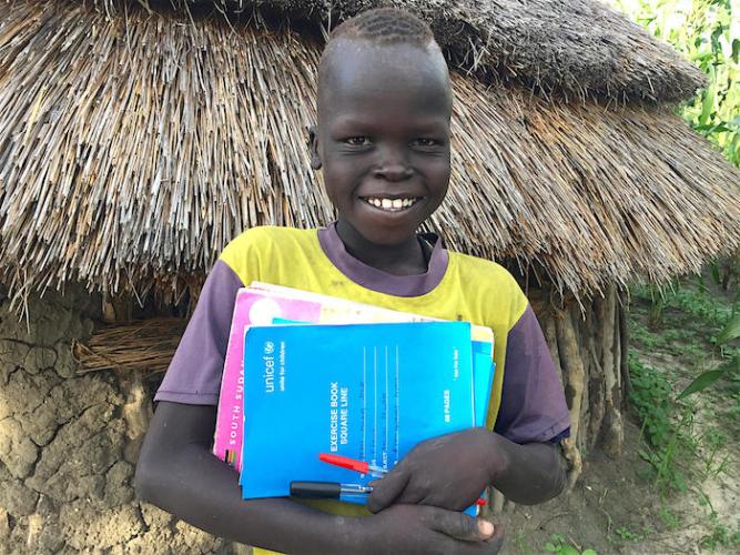 Sebit, 13, goes to the UNICEF-supported Kaikuiny primary school in Jonglei state, South Sudan. 