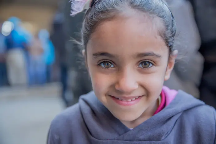 As fighting subsided in East Mosul, 30 schools reopened in mid-January 2017. Sujood, 7, is back at school in eastern Mosul. 