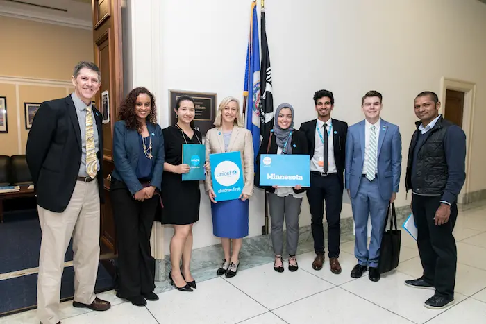 UNICEF USA Midwest board member Tamrah Schaller O'Neil (fourth from left) and UNICEF USA staff and supporters met with Rep. Keith Ellison's office in 2017.