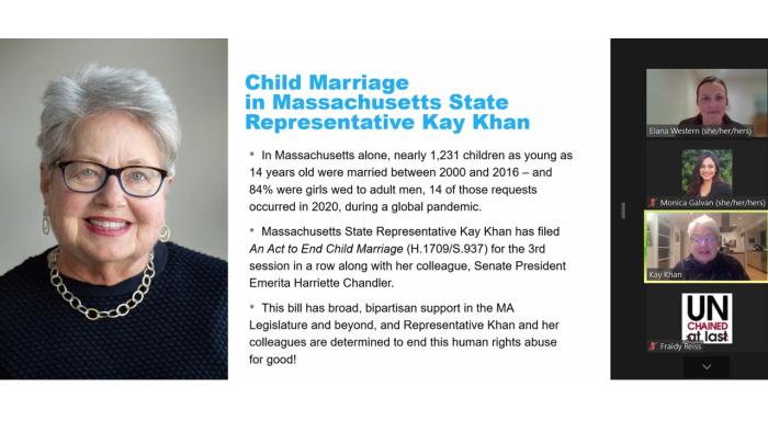 UNICEF UNITERs host webinar with Rep. Kay Kahn (D-MA) to discuss ending Child Marriage in Massachusetts.