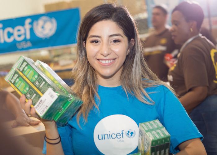 Teacher Jackie Garcia helped fill School-in-a-Box kits that UNICEF USA provided to teachers whose classrooms were damaged during Hurricane Harvey.
