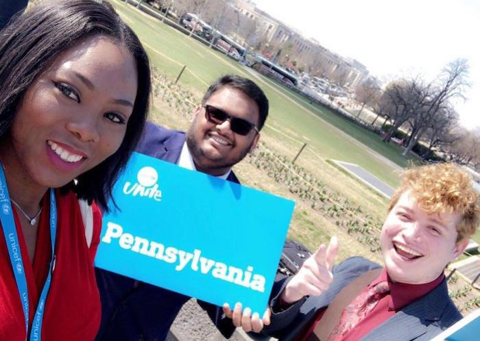 From left: In 2019, UNICEF UNITERs Aminata Bamba, Ronald Joseph and Eric Rosario traveled from Philadelphia to Capitol Hill for UNICEF USA's annual Advocacy Day.