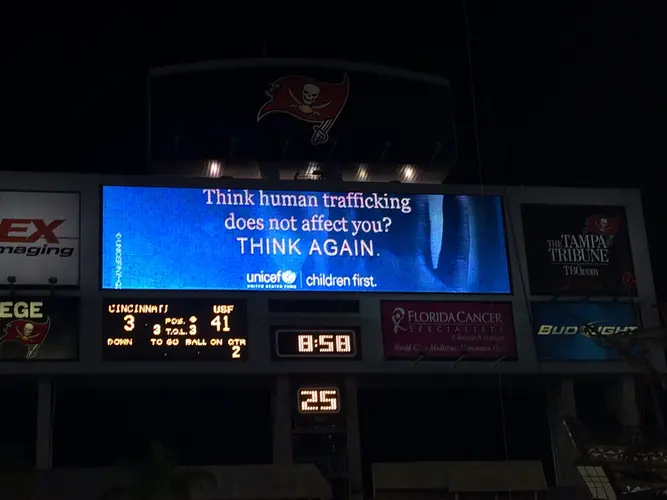 Part of the Public Service Announcement on Human Trafficking that played at USF's Football game vs. Cincinnati Part of the Public Service Announcement on Human Trafficking that played at USF's Football game vs. Cincinnati