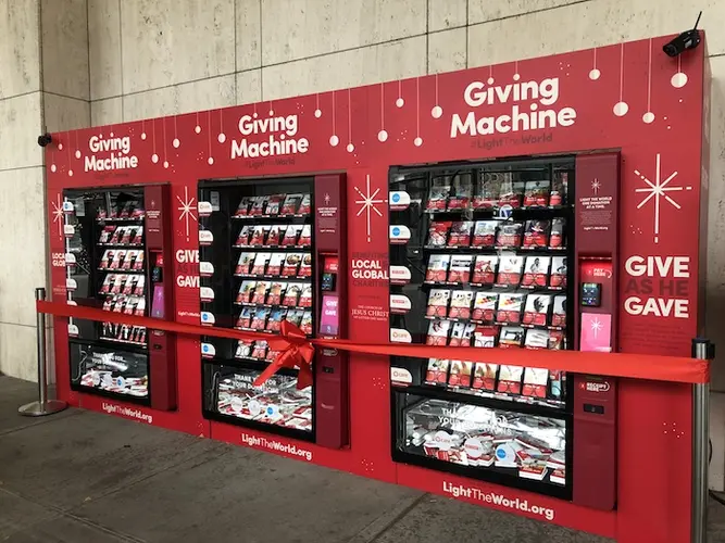 LDS Charities set up Giving Machines at the Manhattan New York Temple in New York City in 2018. 