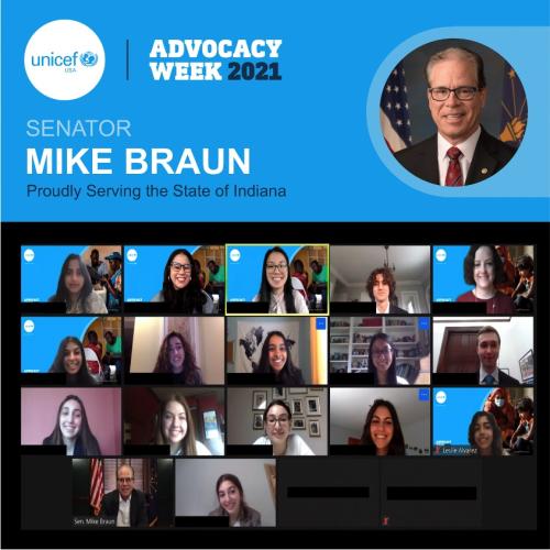 In March 2021, UNICEF USA Indiana advocates virtually meet with Sen. Mike Braun (R-IN).