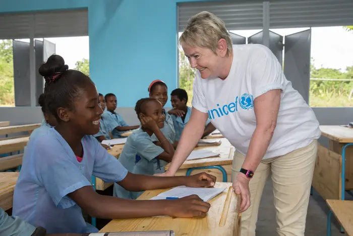 Sonja Hönig Schough, president of Zonta international, discussing with a girl in the junior secondary school of Marofarihy - Vatovavy Fitovinany Region