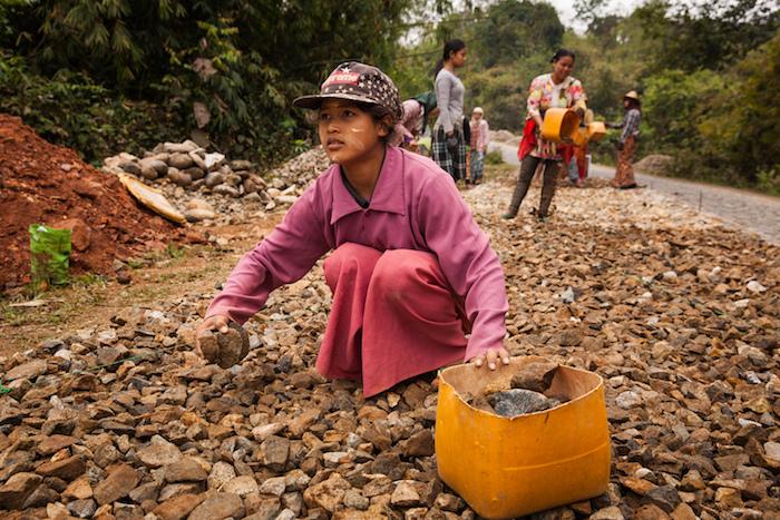 Rai, 13, works for low wages building and repairing roads in Myanmar. The country faces humanitarian crises resulting from conflict in Rakhine, Kachin and Shan states. In addition, other parts of the country face natural disasters, health emergencies and 