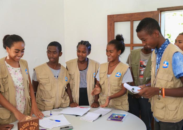 Members of the UNICEF-supported Junior Reporters Club in Tôlanaro, Madagascar write and perform radio skits about issues that are important to them. 