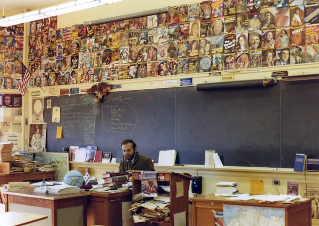 Here is my father, history teacher Tom Ferguson, in his classroom at Oak Park River Forest High School. He said he tried to make his lectures more interesting than the walls of the classroom, which were covered in historical artifacts.