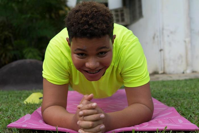 Elliot Ross-Dick, 13, likes to workout with his family at his home in Port of Spain, Trinidad island.