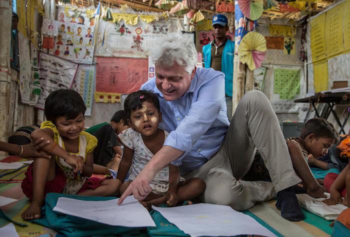 On 6 June 2018 in Bangladesh, UNICEF Bangladesh Representative Eduard Curé visits a Child Friendly Space in Kutupalong refuge camp extension for Rohingya refugees in Cox's Bazar district.