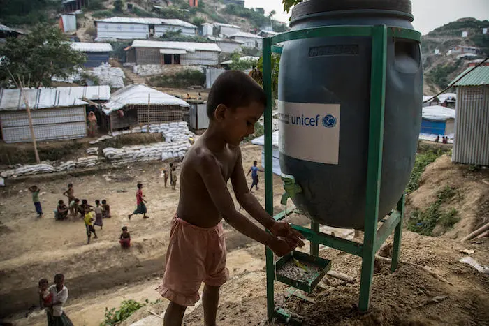 Rohingya refugees rely on UNICEF to provide clean, safe water and sanitation services in Unchprang refugee camp, Cox's Bazar district, Bangladesh.
