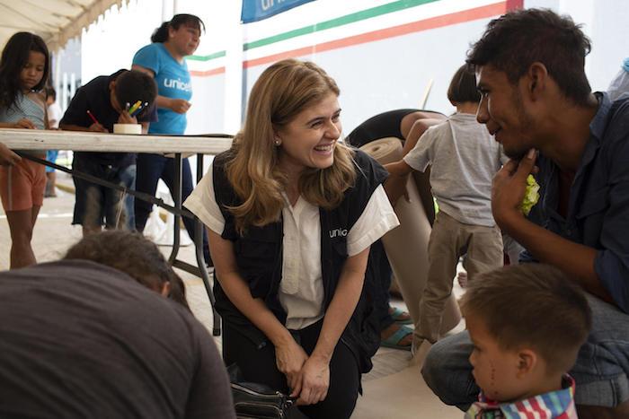 Paloma Escudero, UNICEF Director of Communication, visits migrant families awaiting their humanitarian visas at the UNICEF-supported Child-Friendly Space at the Mexico-Guatemala border in Ciudad Hidalgo, Mexico, on January 29, 2019.