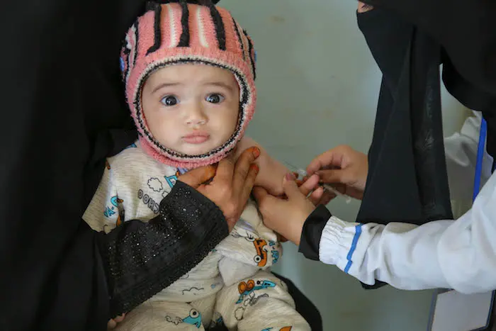 On 9 February 2019 in Yemen, a child is vaccinated in Bani Alhareth, Sana’a during a Measles and Rubella vaccination campaign.