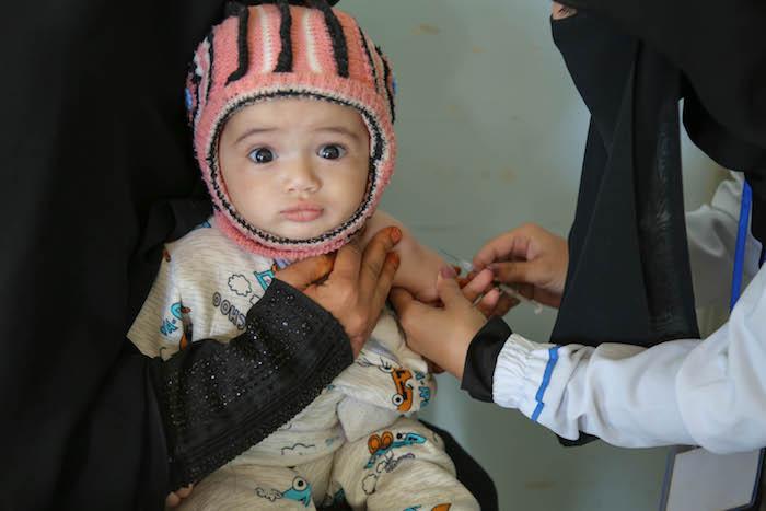 On 9 February 2019 in Yemen, a child is vaccinated in Bani Alhareth, Sana’a during a Measles and Rubella vaccination campaign.
