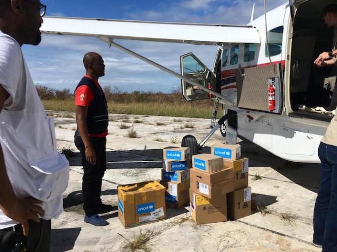On April 30, 2019, UNICEF medical supplies are transported by plane to Ibo Island, Mozambique, after Cyclone Kenneth.