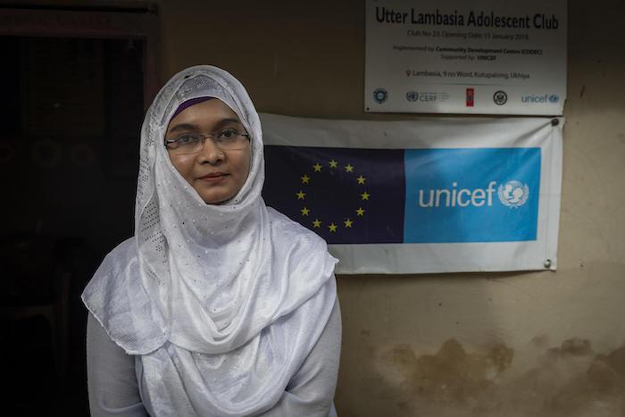 Marjahan Rumi, 25, works as a child protection specialist with UNICEF partner organisation CODEC at the Lambasia refugee camp, Cox's Bazar, Bangladesh, 24 June 2019.