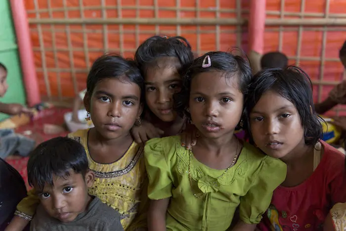 Rohingya children at safe space for women and girls in the Moinarghona refugee camp in Cox’s Bazar, Bangladesh. © UNICEF/UN0334323/Chak