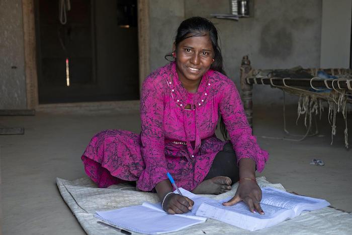 Anjali Dodiyar Meena, 15, studying at home in Sanjanpura village, Sagwara Block, Dungarpur District, Rajasthan, India.