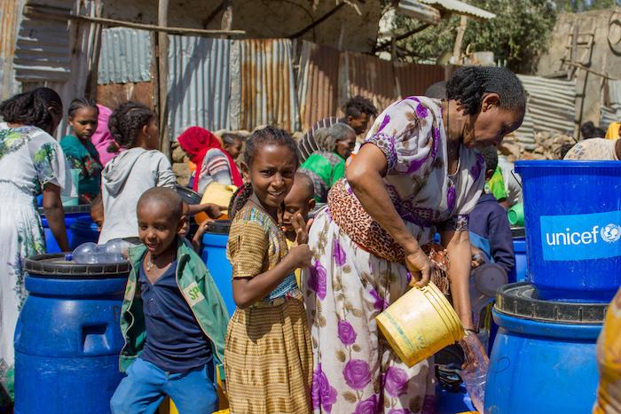 UNICEF provides safe water for drinking, cooking and personal hygiene to displaced Tigrayans sheltering at a secondary school in Shire.