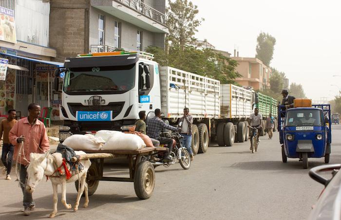 UNICEF trucks carrying essential health, nutrition, sanitation and hygiene supplies arrive to support the needs of 102,000 people in Shire town, Tigray, Ethiopia..&nbsp;
