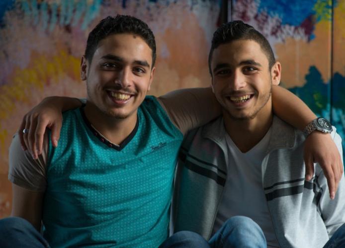 In 2016, Syrian refugees Watheg, 21 (left), and his brother Harm, 18, participated in a weekly youth drama group at a UNICEF-backed Makani learning center in Mafraq, Jordan.&nbsp;