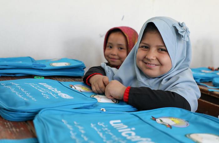 Students in Mazar, Afghanistan, received backpacks and other learning supplies from UNICEF after a U-Report poll showed classrooms were lacking.