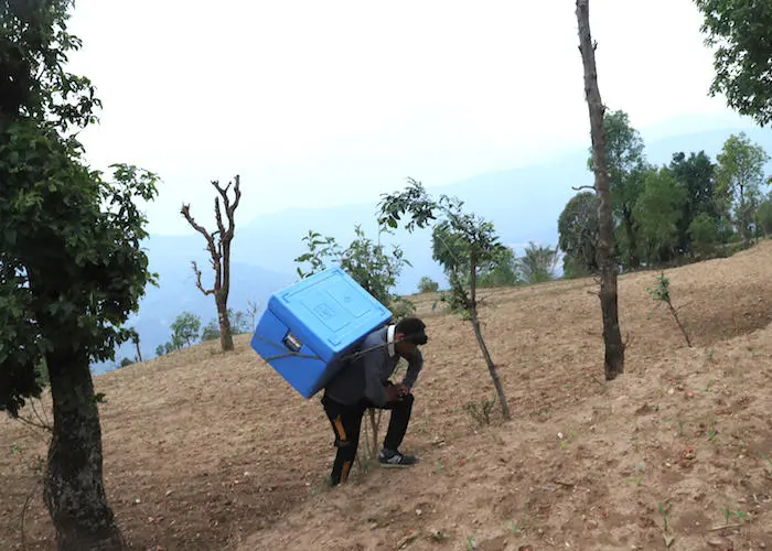 On April 21, 2021, Ram Dawadi, staff at the UNICEF-supported Bhachhek Health Post in Gorkha District in north-central Nepal, carries COVID-19 vaccines to the health facility to provide the second doses to health workers and frontline workers in the area. On April 21, 2021, Ram Dawadi, staff at the UNICEF-supported Bhachhek Health Post in Gorkha District in north-central Nepal, carries COVID-19 vaccines to the health facility to provide the second doses to health workers and frontline workers in the area.