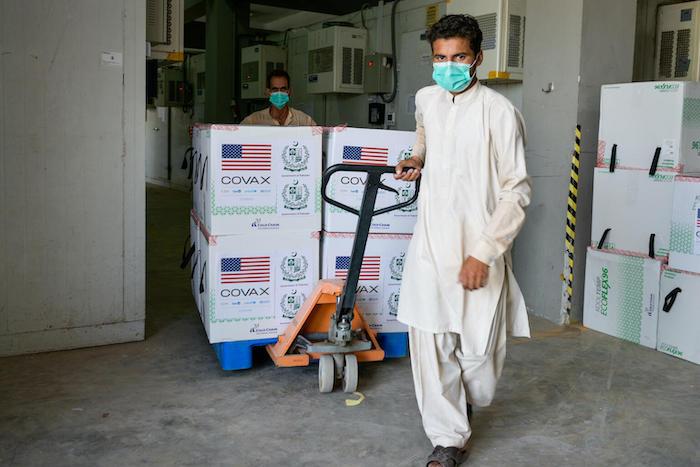 2.5 million doses of Moderna COVID-19 vaccines supplied through the COVAX Facility’s dose-sharing mechanism and donated by the U.S. government arrive in Islamabad, Pakistan on July 2, 2021.
