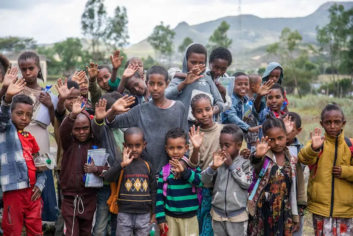 Children gather in a school yard in Adikeyeh town in central Tigray, Ethiopia, where UNICEF and partners are reopening schools. Children gather in a school yard in Adikeyeh town in central Tigray, Ethiopia where UNICEF and partners are reopening schools.