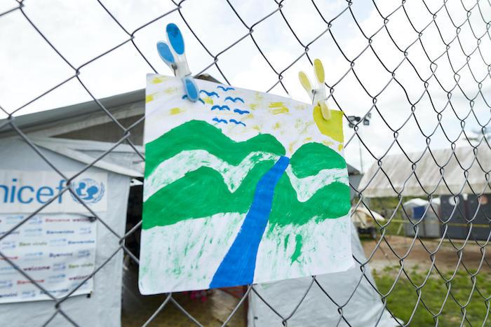 A child's drawing outside the Child Friendly Space UNICEF supports at the migration reception center in Lajas Blancas, Darién, Panama. 