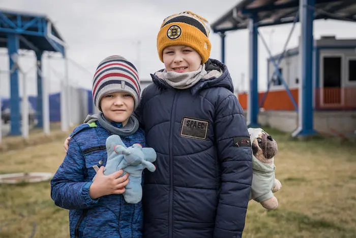 Two brothers ages 7 and 10 who left Izmail, in southwestern Ukraine, with their mother for Romania on March 4, 2022. Two brothers ages 7 and 10 who left Izmail, in southwestern Ukraine, with their mother for Romania on March 4, 2022.