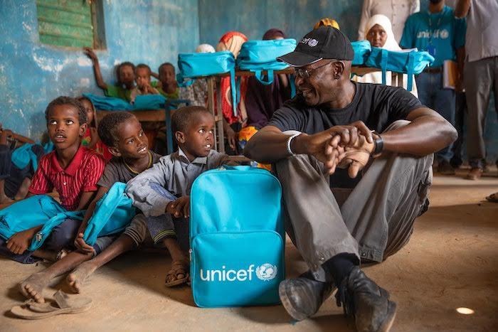 Mohamed Fall, UNICEF Regional Director for Eastern and Southern Africa, visits with children affected by the drought in the Somali region of Ethiopia. 