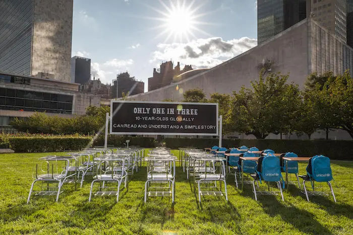 UNICEF’s ‘Learning Crisis Classroom’ installation at United Nations Headquarters in New York, unveiled ahead of the Transforming Education Summit, Sept. 16-19, 2022. UNICEF’s ‘Learning Crisis Classroom’ installation at United Nations Headquarters in New York, unveiled ahead of the Transforming Education Summit, Sept. 16-19, 2022.